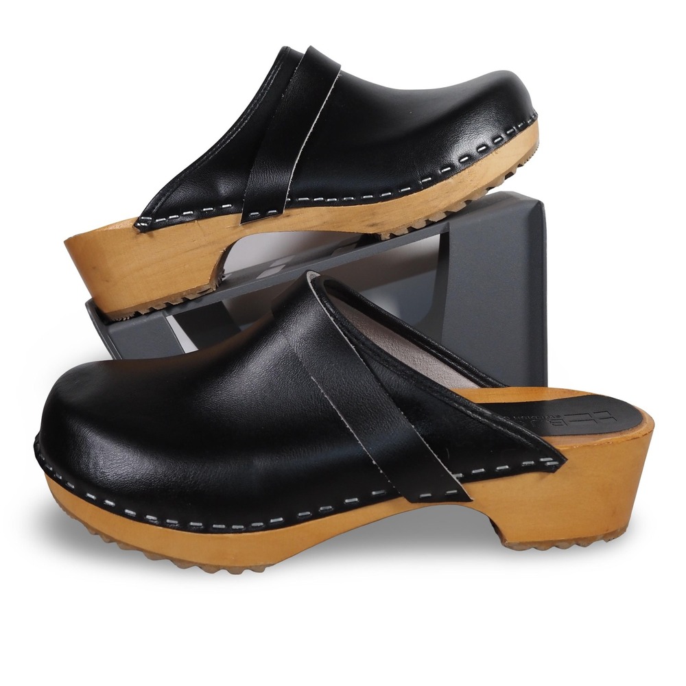 BJORK Swedish Comfort Clogs Womens 41 10.5-11 Black Leather Wood Platform